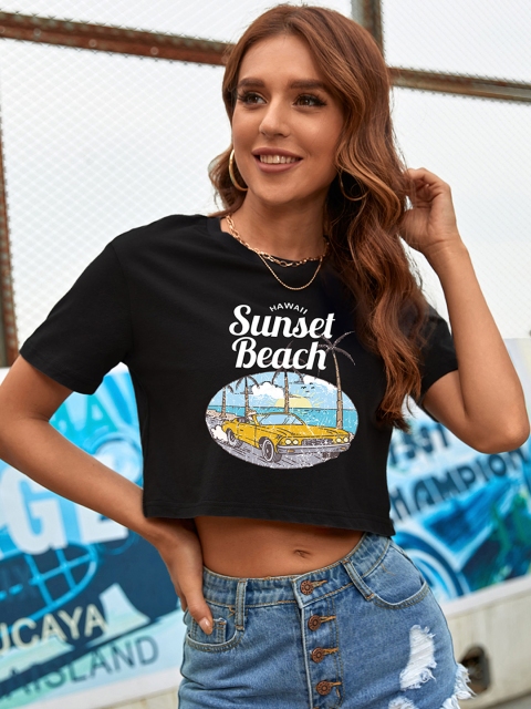 

URBANIC Women Black & White Tropical Printed Cotton Crop T-shirt