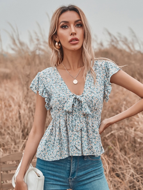 

URBANIC Green & White Floral Tie-Up Neck Flutter Sleeve Empire Top