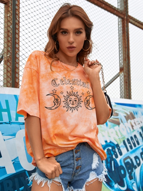 

URBANIC Women Orange & White Tie and Dye Extra-Relaxed Fit Cotton Longline T-shirt