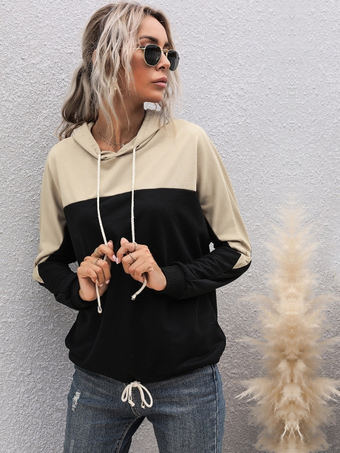 

URBANIC Women Beige & Black Colourblocked Hooded Sweatshirt