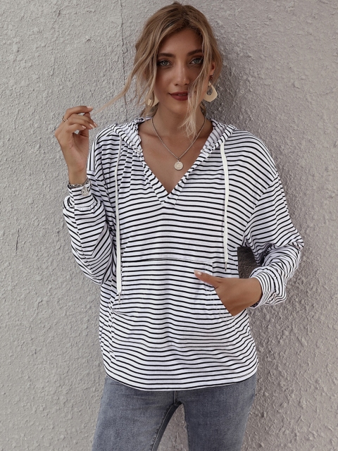

URBANIC Women Black & White Striped Hooded Sweatshirt