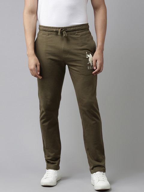 

U.S. Polo Assn. Men Olive Green Solid Track Pants with Brand Logo Printed Detailing