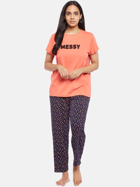

People Women Orange & Navy Blue Printed T-Shirt & Pjyama Night suit