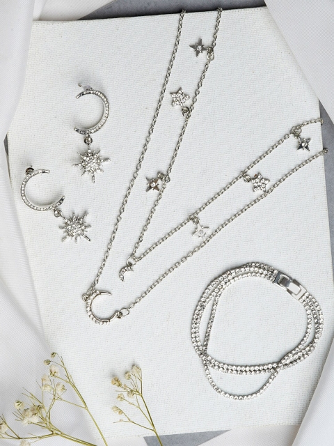 

JOKER & WITCH Silver-Plated White Stone-Studded Layered Jewellery Set