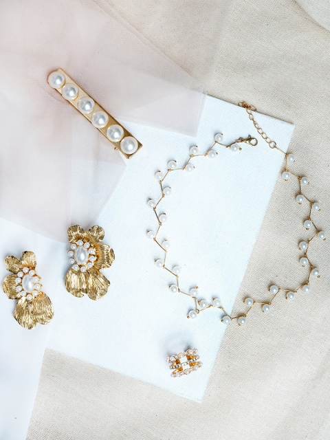 

JOKER & WITCH Gold-Plated White Stone-Studded Pearl Beaded Jewellery Set