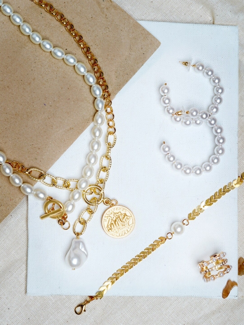 

JOKER & WITCH Gold-Plated White Stone-Studded & Pearl Beaded Jewellery Set