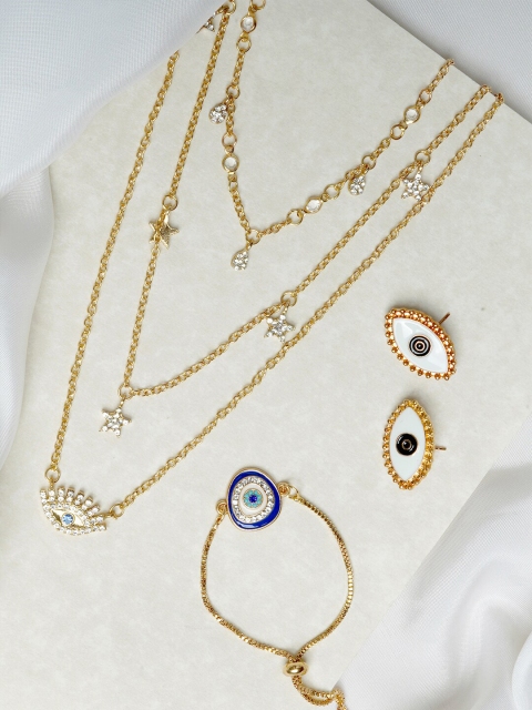 

JOKER & WITCH Gold-Plated White Stone-Studded Enameled Layered Jewellery Set