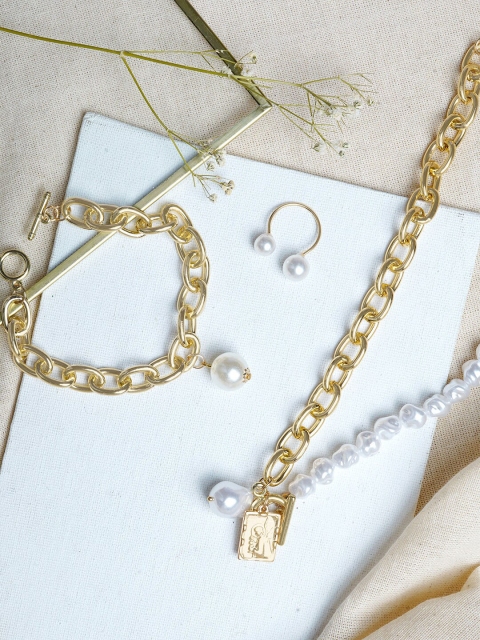 

JOKER & WITCH Gold-Plated White Stone-Studded Pearl Beaded Jewellery Set