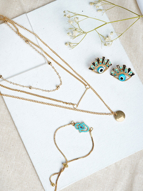 

JOKER & WITCH Gold-Plated Turquoise Blue & Black Stone-Studded Jewellery Set