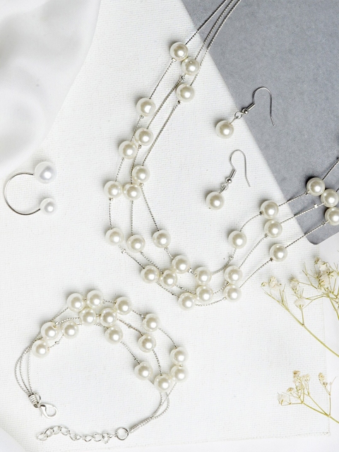 

JOKER & WITCH Silver-Plated White Stone-Studded Pearl Beaded Jewellery Set