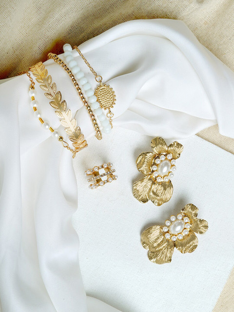 

JOKER & WITCH Gold-Plated White Stone-Studded & Pearl Beaded Polaris Jewellery Set