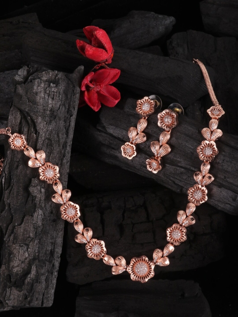 

JEWELS GEHNA Rose Gold-Plated White AD-Studded Handcrafted Jewellery Set