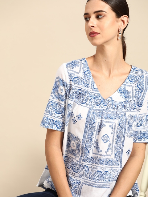 

Anouk Women White & Navy Blue Ethnic Print Pure Cotton A-Line Top