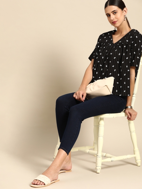 

Anouk Women Black & White Striped Pure Cotton A-Line Top