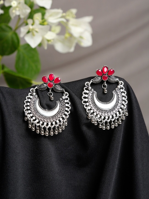 

NEUDIS Silver-Toned & Pink Silver-Plated Contemporary Chandbalis Earrings