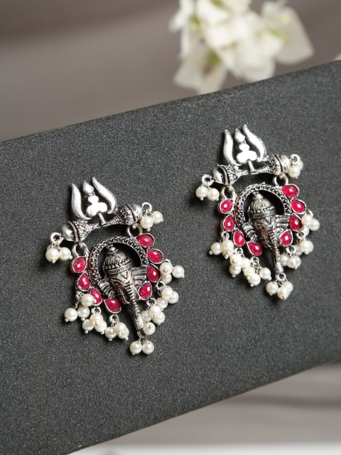 

NEUDIS Silver-Toned & Pink Silver-Plated Contemporary Drop Earrings