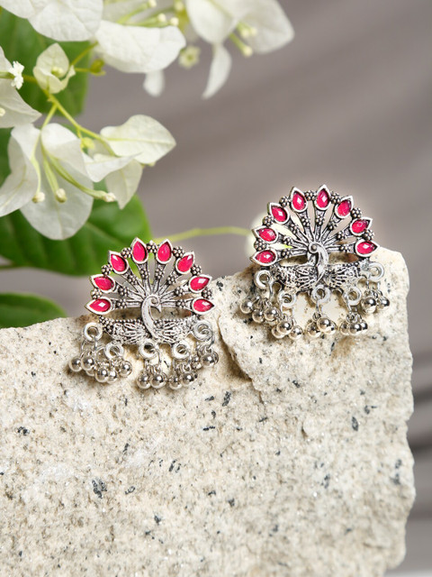 

NEUDIS Silver-Toned & Pink Silver-Plated Peacock Shaped Studs Earrings