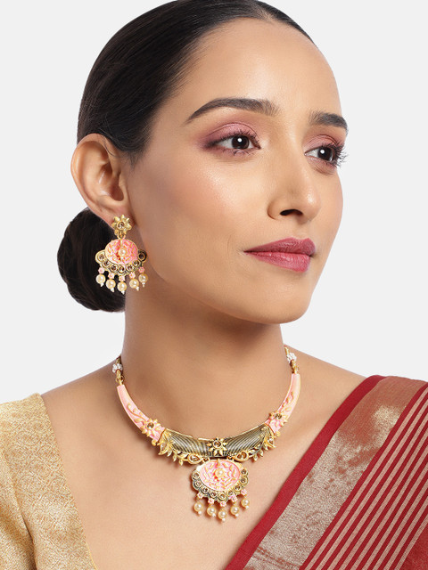 

ASMITTA JEWELLERY Meenakari Kundan Pearl Studded Choker Necklace Set, Pink