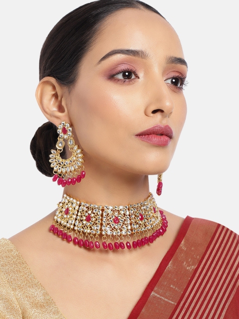 

ASMITTA JEWELLERY Women Gold-Toned & Red Kundan Beaded Choker Necklace Set