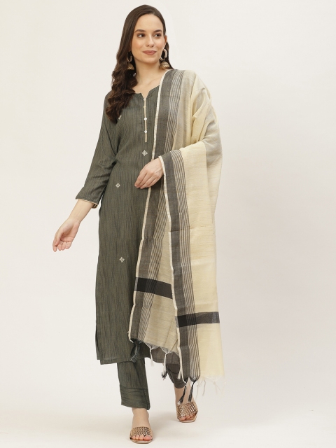 

VAABA Women Grey Regular Thread Work Kurta with Trousers & Dupatta