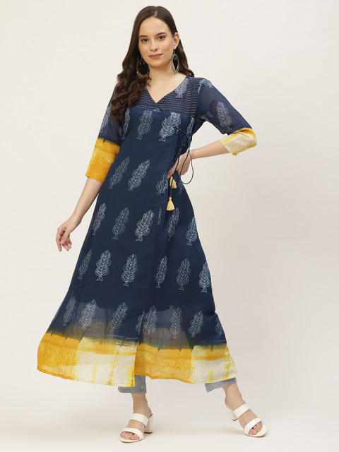 

VAABA Women Blue Printed Angrakha Thread Work Chanderi Silk Kurta with Trousers