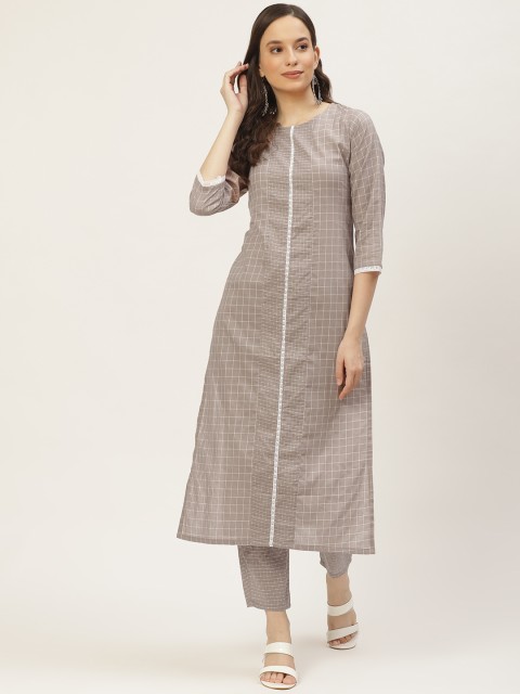 

VAABA Women Taupe Checked Panelled Kurta with Trousers