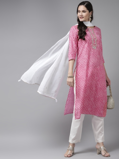 

Yufta Women Pink & White Leheriya Printed Regular Kurta with Trousers & Dupatta