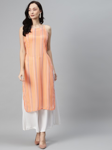 

Rang Gali Women Orange & Navy Blue Striped Georgette Kurta