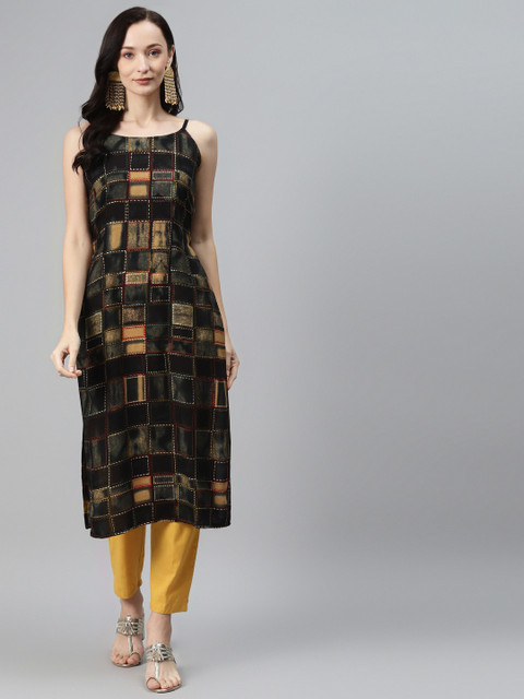 

Rang Gali Women Black & Mustard Yellow Geometric Printed Kurta