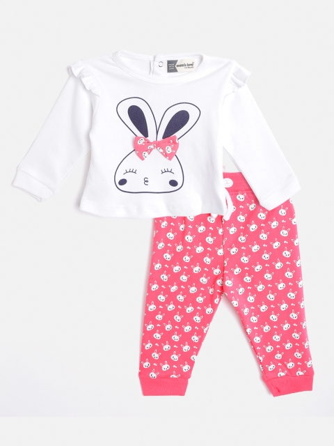 

Moms Love Infant Girls White & Pink Cotton Printed Top with Pyjamas