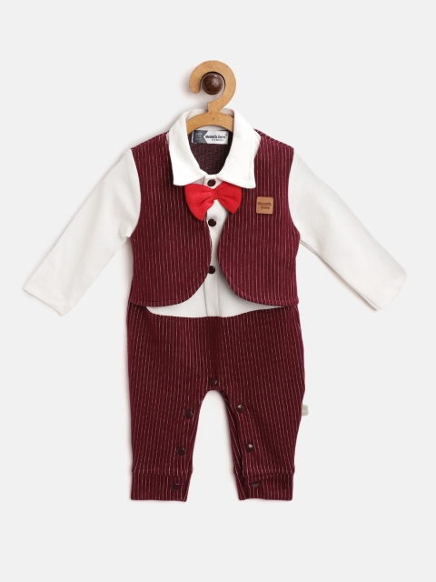 

Moms Love Infant Boys Burgundy & White Striped Rompers with Attached Waistcoat Detail