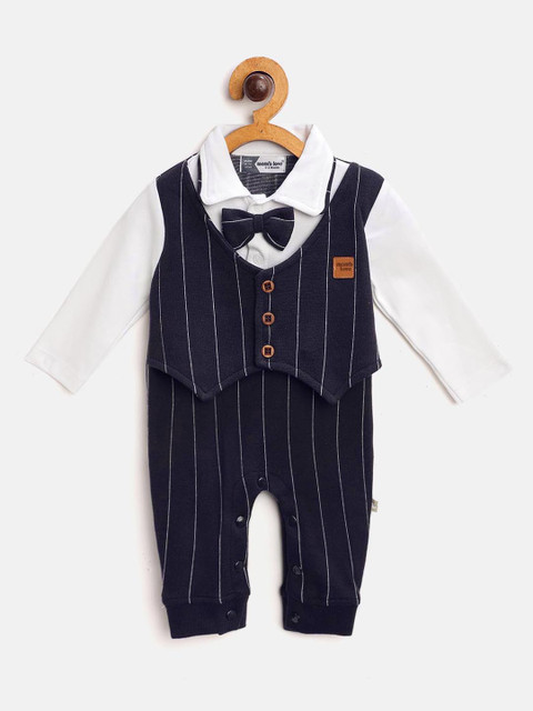 

Moms Love Infant Boys Navy & White Cotton Striped Rompers with Attached Waistcoat Detail, Navy blue
