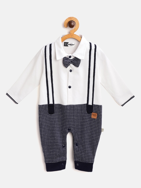 

Moms Love Infant Boys White & Navy Cotton Checked Rompers with Bow & Suspenders Detail