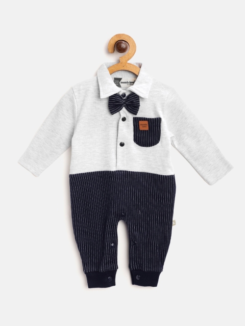 

Moms Love Infant Boys Grey Melange & Navy Cotton Striped Rompers with Bow Detail