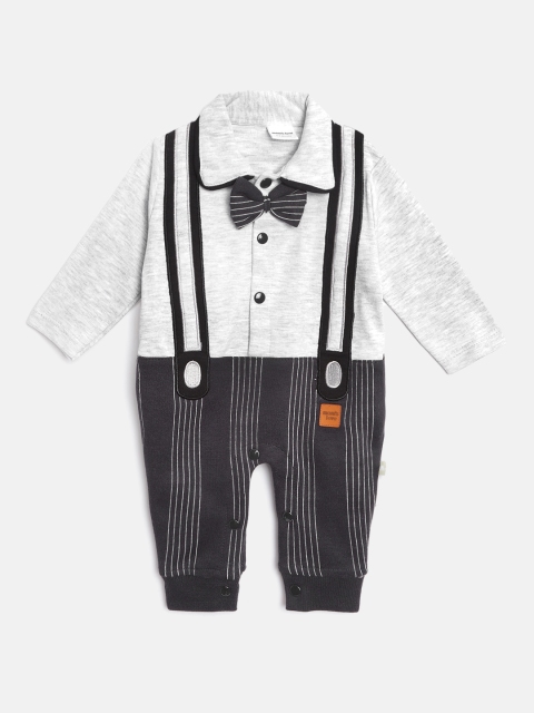 

Moms Love Infant Boys Grey Melange & Black Cotton Striped Rompers with Suspenders Detail
