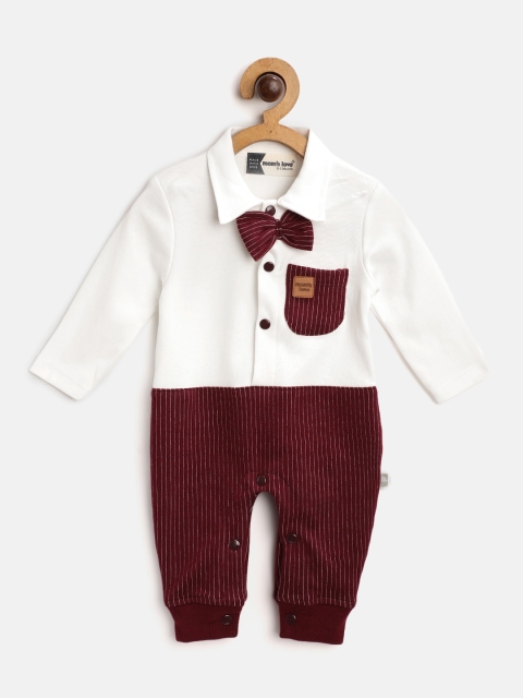 

Moms Love Infant Boys White & Burgundy Cotton Striped Rompers with Bow Detail