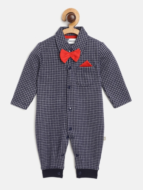 

Moms Love Infant Boys Navy Blue & White Checked Pure Cotton Rompers