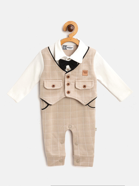 

Moms Love Infant Boys Beige & Off-White Checked Rompers with Attached Waistcoat Detail