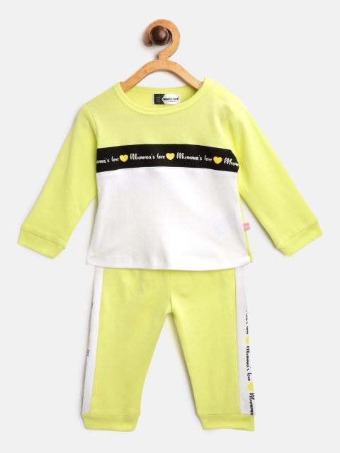 

Moms Love Infant Girls Fluorescent Green & White Cotton Colourblocked T-shirt & Joggers