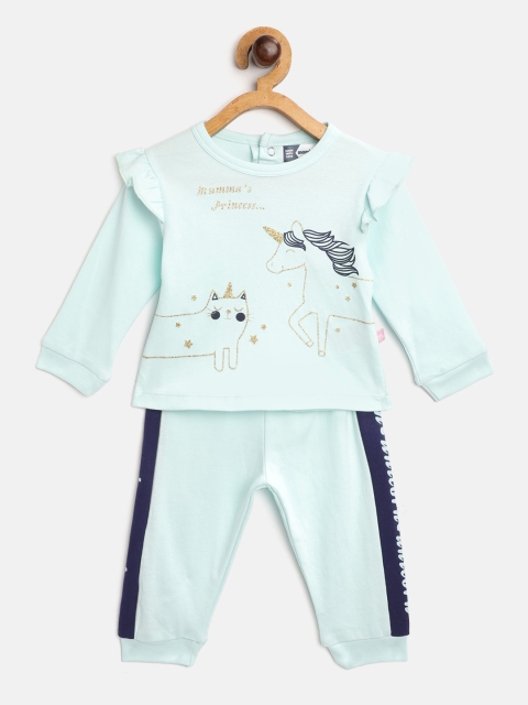 Moms Love Infant Girls Blue Pure Cotton Printed T-shirt with Joggers