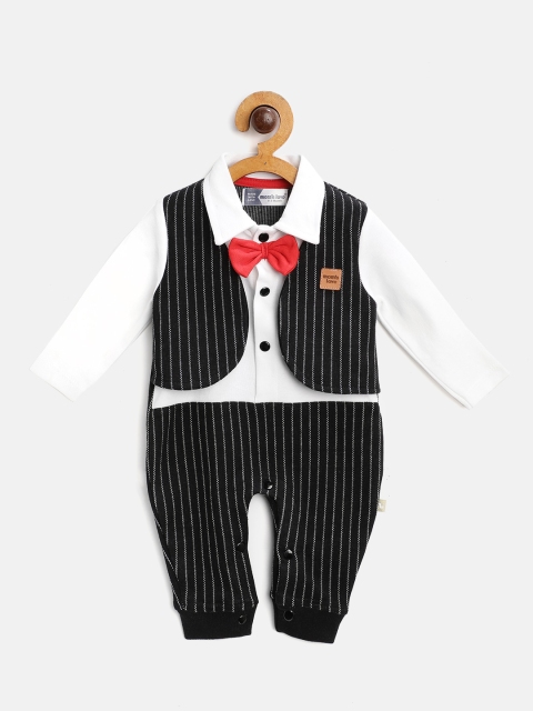 

Moms Love Infant Boys Black & White Cotton Striped Rompers with Attached Waistcoat Detail