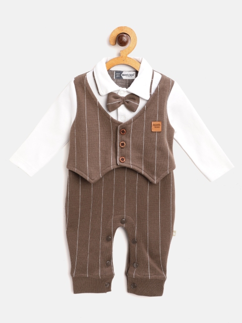 

Moms Love Infant Boys Brown & White Cotton Striped Rompers with Attached Waistcoat Detail