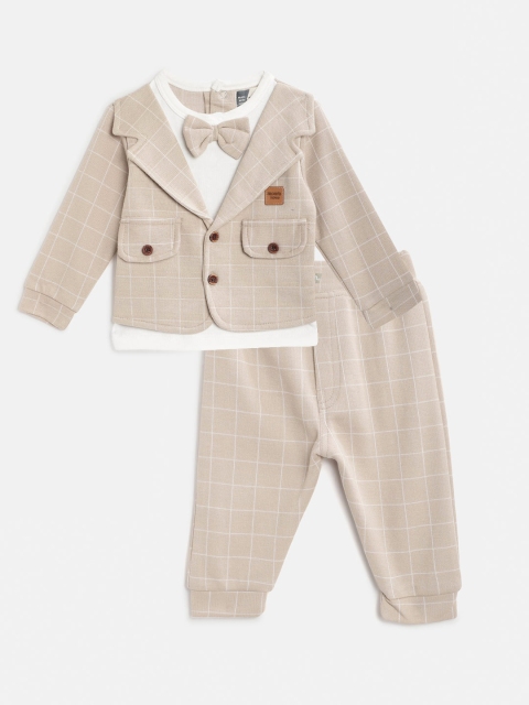 

Moms Love Infant Boys Beige & White Cotton Checked T-shirt with Joggers & Attached Blazer