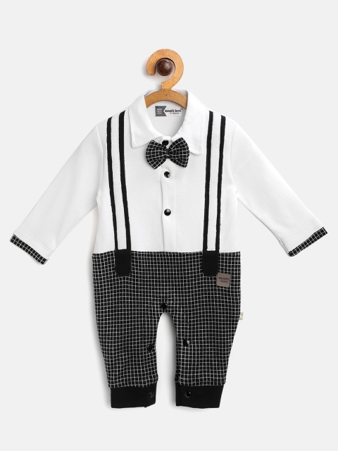 

Moms Love Infant Boys White & Black Cotton Checked Rompers with Bow & Suspenders Detail