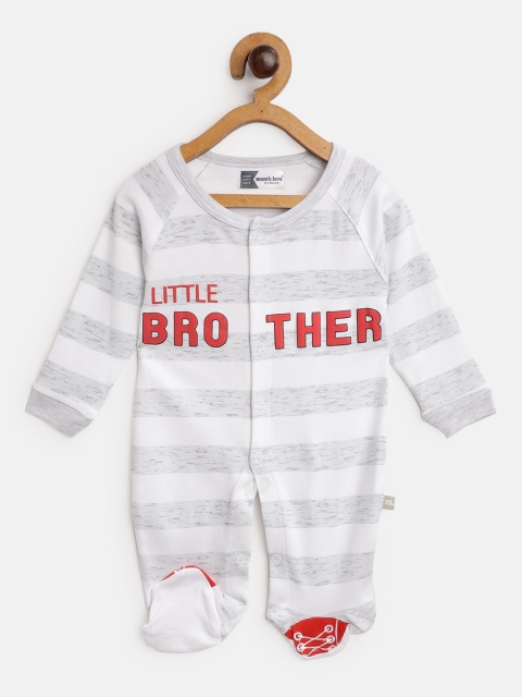 

Moms Love Infant Boys Grey Melange & White Pure Cotton Striped & Printed Sleepsuit