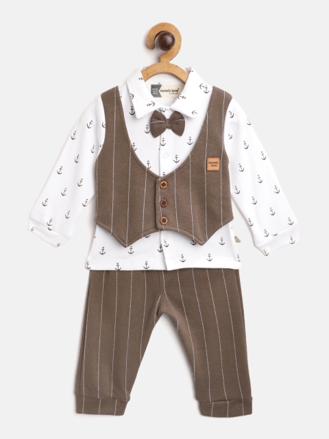 

Moms Love Infant Boys White & Brown Cotton Printed Shirt with Attached Waistcoat & Joggers