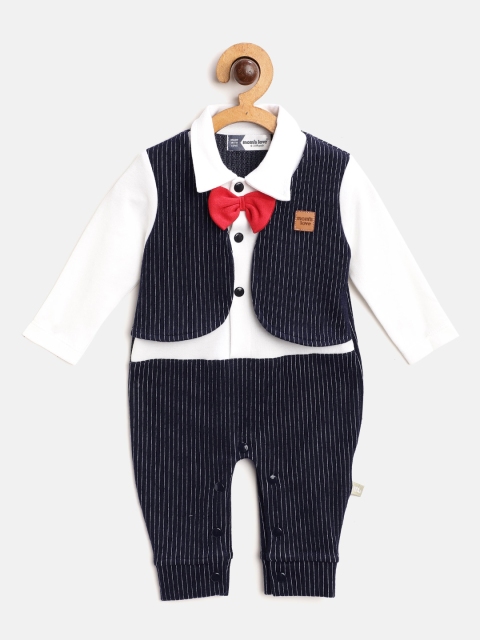 

Moms Love Infant Boys Navy & White Cotton Striped Rompers with Attached Waistcoat Detail, Navy blue