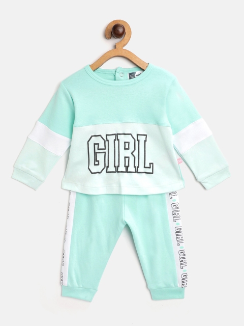 

Moms Love Infant Girls Sea Green & White Colourblocked Printed Detail Cotton Clothing Set