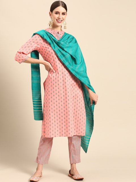 

Anouk Women Pink & Green Ethnic Motifs Printed Pure Cotton Kurta with Trousers & Dupatta