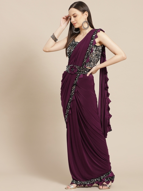 

Chhabra 555 Solid Viscose Rayon Ready to Wear Saree with Embellished border, Burgundy